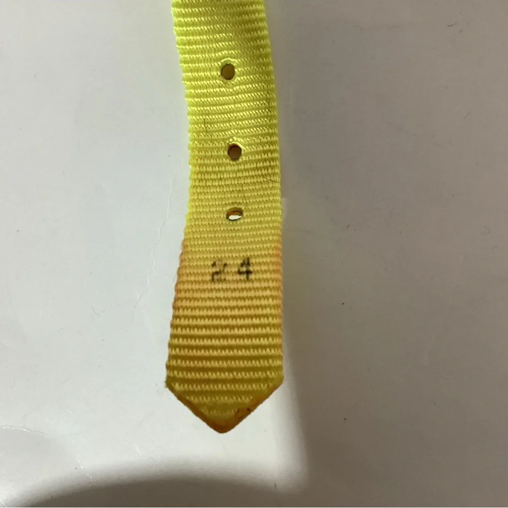 Dog collar, bright yellow, 24” x 1”, heavy nylon, metal hardware. Adjustable